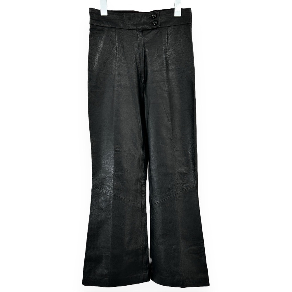 100% VINTAGE LEATHER - Black Leather Vintage Wide Leg Flared Pants Trousers